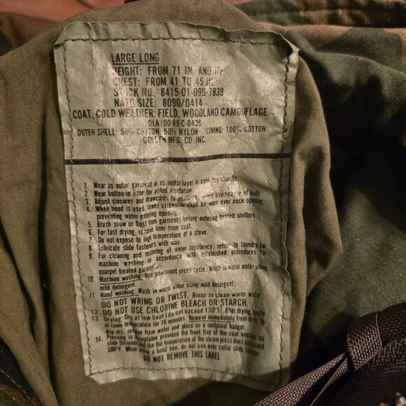Vtg Military Field Woodland Camo Jacket Pockets Mens L Rugged Cold Weather Army - Picture 6 of 6